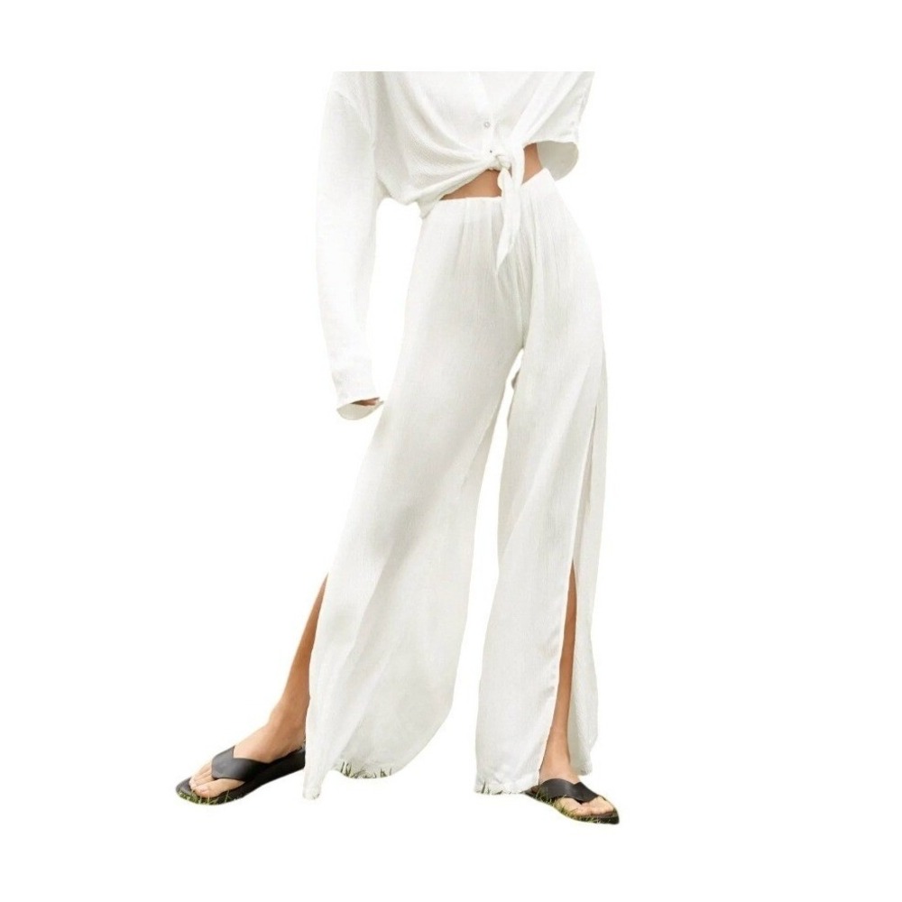 Nasty Gal Crinkle Split Wide Leg‎ Cover Up Pants White Gauzy Knit Pull-On 6